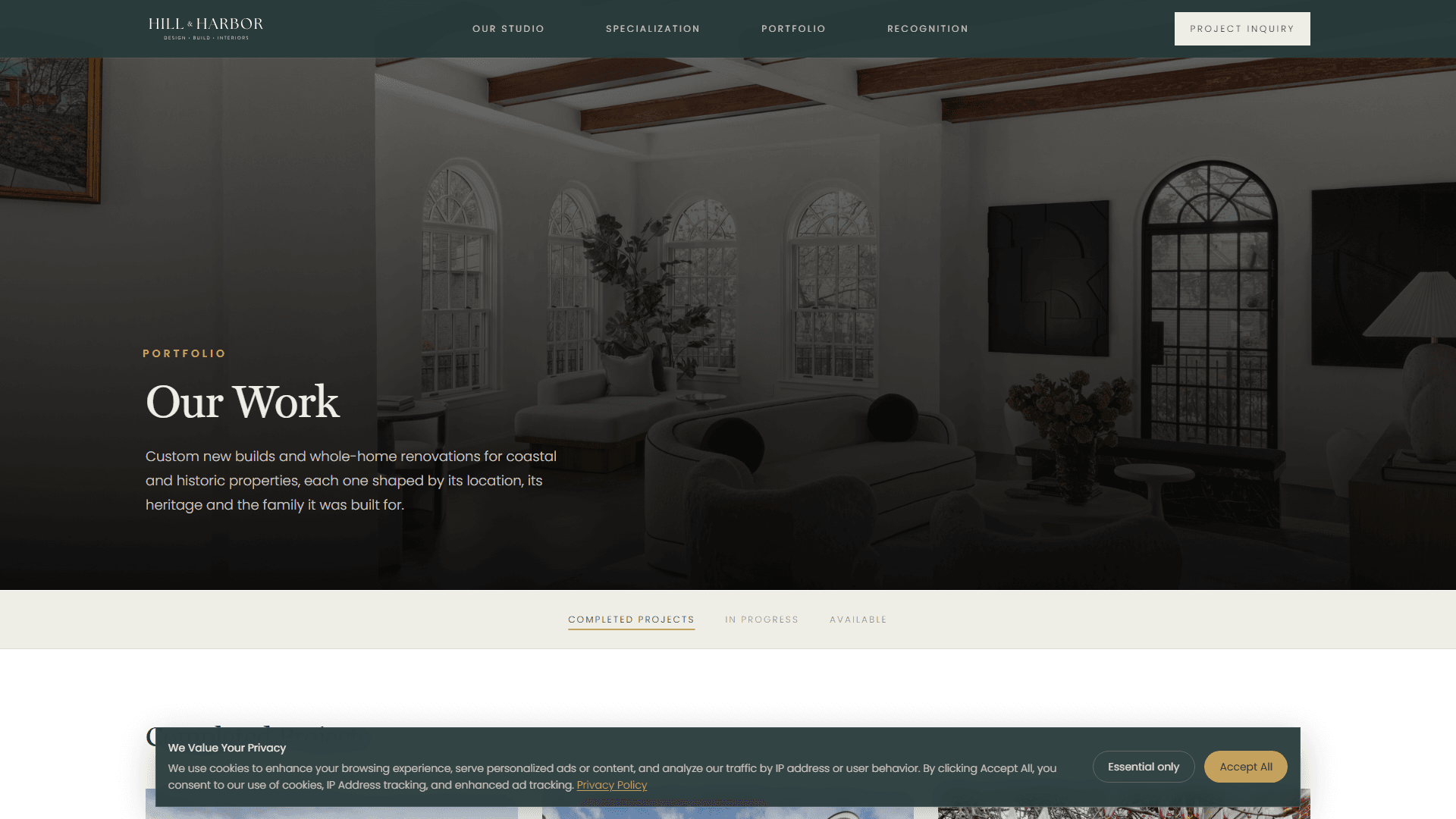 Hill & Harbor portfolio page showing completed projects